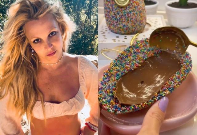 Britney Spears posa à esquerda; Ovo de Páscoa da Flakes à direita