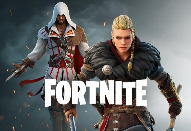 Imagem promocional dos trajes de Ezio e Eivor no Fortnite