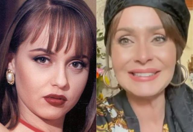 Gaby Spanic como Paola Bracho em A Usurpadora à esquerda; Gaby Spanic em vídeo enviado ao Fofocalizando à direita