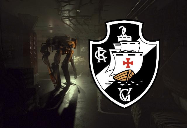 Imagem promocional do personagem VASCO e o brasão do Vasco da Gama