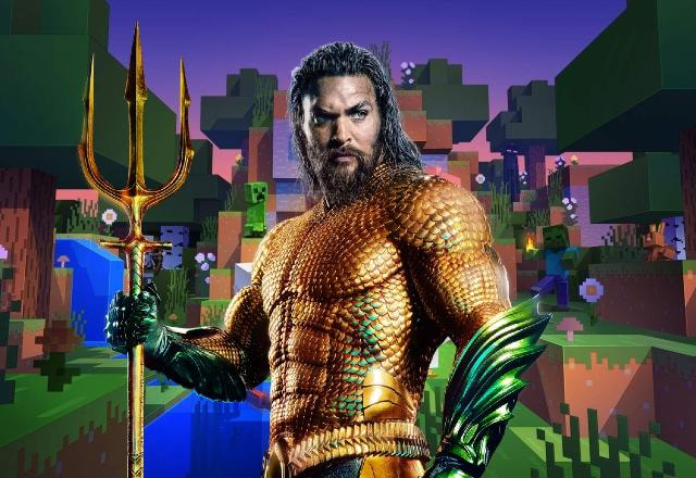 Montagem com o Aquaman de Jason Momoa em um mundo de Minecraft