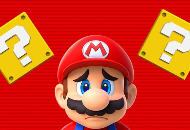 Imagem de Mario com um fundo vermelho e duas caixas de interrogação amarelas