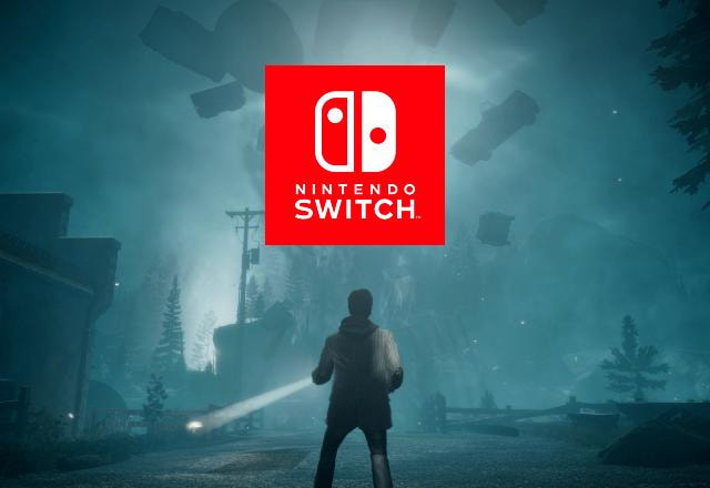 Montagem onde o protagonista de Alan Wake Remastered olha para cima e vê o logo do Nintendo Switch