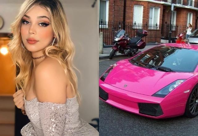 Melody posa para foto à esquerda; carro Lamborghini Gallardo pink à direita