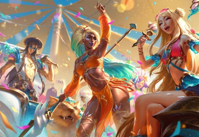 Splash art das skins Canção do Oceano para os campeões Yone, Nidalee e Seraphine