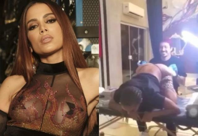 Anitta faz carão para foto à esquerda; Anitta no momento em que faz tatuagem íntima à esquerda
