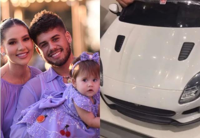 Virginia Fonseca, Zé Felipe e Maria Alice à esquerda; mini carro elétrico à direita