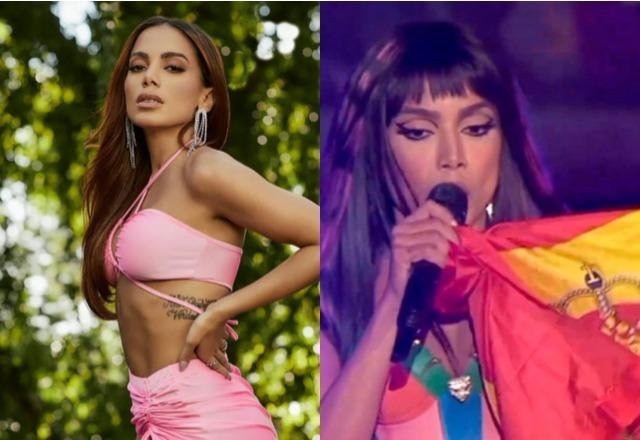 Anitta posa com look rosa em jardim à esquerda; Anitta segurando bandeira da Espanha em show em Lisboa