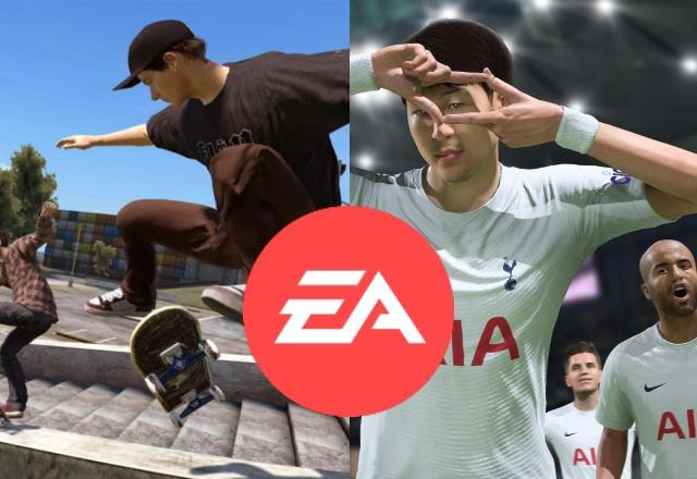 Montagem com o logo da Electronic Arts sobrepondo screenshots de Skate 3 e FIFA 22