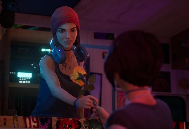 Screenshot de Alex entregando uma flor para Steph em Life is Strange: True Colors