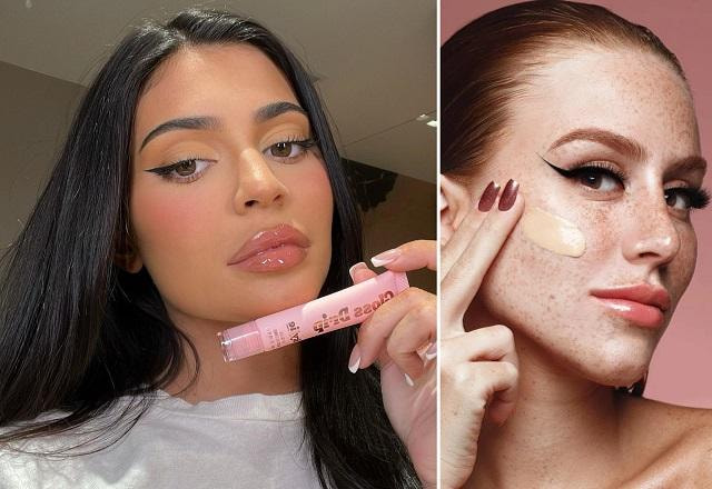 Kylie Jenner posa para selfie segurando um gloss da própria marca; ao lado, uma foto da influenciadora Mari Maria demonstrando a cobertura da base de sua linha de maquiagem