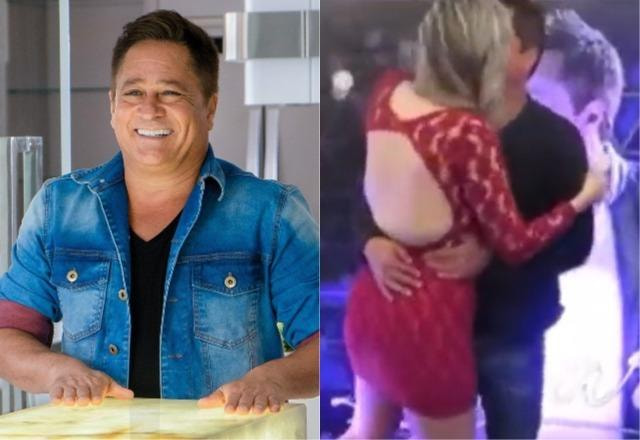 Leonardo posa sorrindo à esquerda; Leonardo beija mulher loira em vídeo à direita