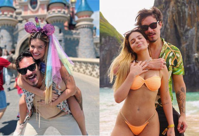 Duas imagens de Viih Tube e Eliezer abraçados durante viagens