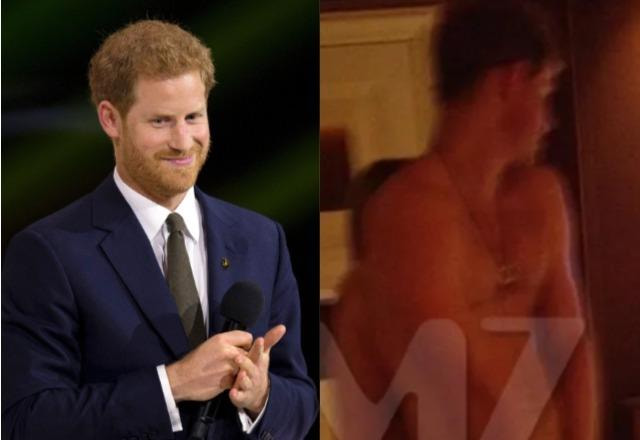 Príncipe Harry usando terno e sorrindo à esquerda; Príncipe Harry flagrado pelado à direita