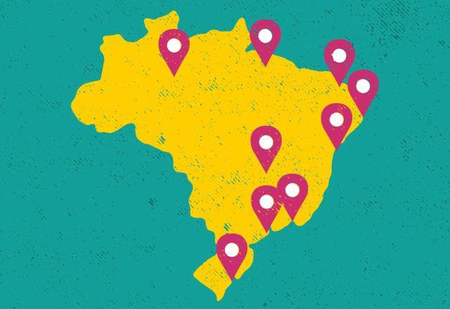 arte do mapa do brasil com alfinetes marcando cidades do país