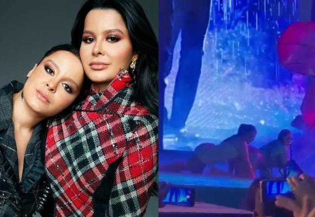 Maiara e Maraisa posam juntas à esquerda; Maiara e Maraisa dançando durante show à direita