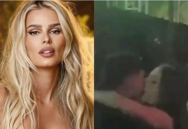 Yasmin Brunet fazendo carão à esquerda; Jade Picon e Gabriel Medina aos beijos à esquerda