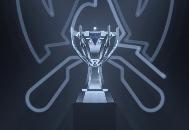 Imagem promocional do troféu do Worlds 2022