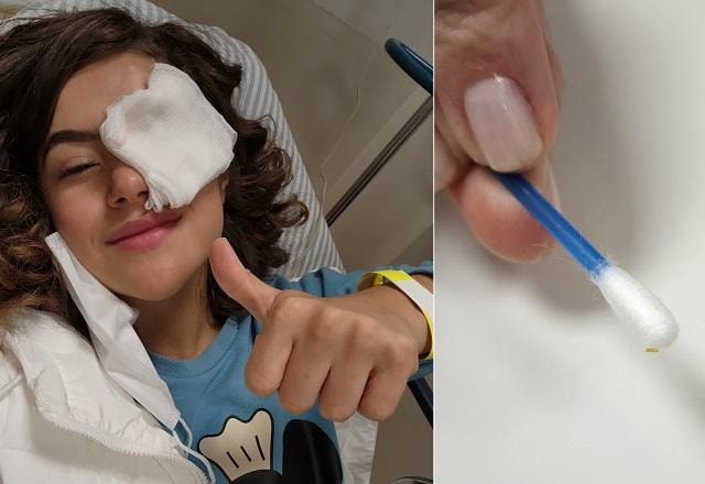 Maisa Silva e o cotonete mostrando o que entrou no olho dela