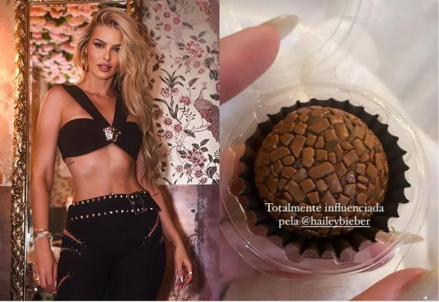 Yasmin Brunet posa com look todo preto à esquerda; Print dos stories de Yasmin Brunet mostrando um brigadeiro à direita