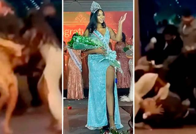 Montagem mostra a Miss Sri Lanka no centro da imagem e a briga rolando ao lado