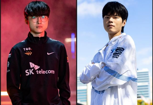 Imagem promocional de Faker e Deft, jogadores da T1 e DRX, respectivamente