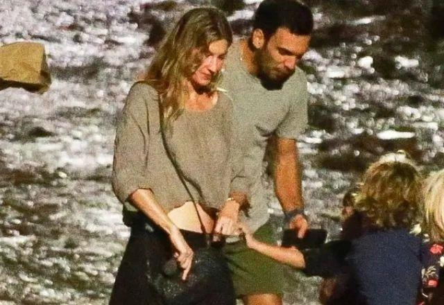 Gisele Bündchen e Joaquim Valente passeando com os filhos da modelo