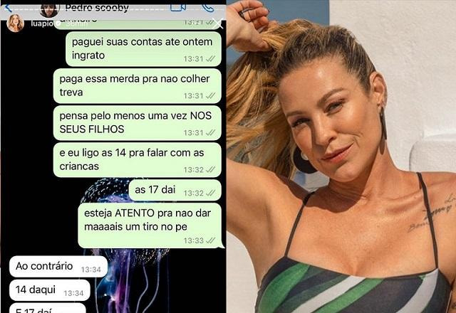 Print de conversa entre Luana Piovani e Pedro Scooby à esquerda; Foto de Luana Piovani à direita