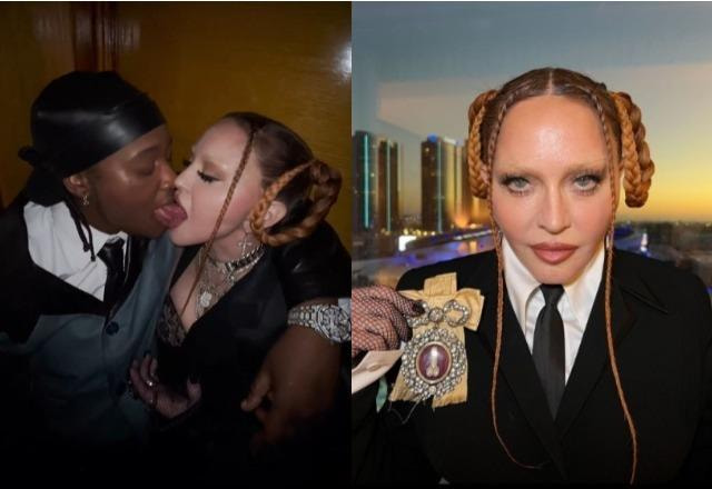 Madonna beija rapper Jozzy à esquerda; Madonna posa segurando um laço e com cara séria