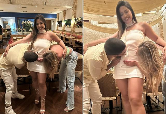 Viny e Barbara beijando a barriga de Laís Caldas