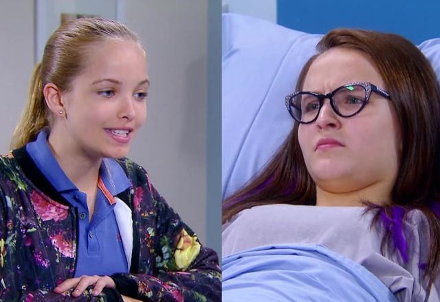 Na montagem aparece Priscila do lado esquerdo, com expressão de esperta, e Manuela do lado direito, com expressão de surpresa