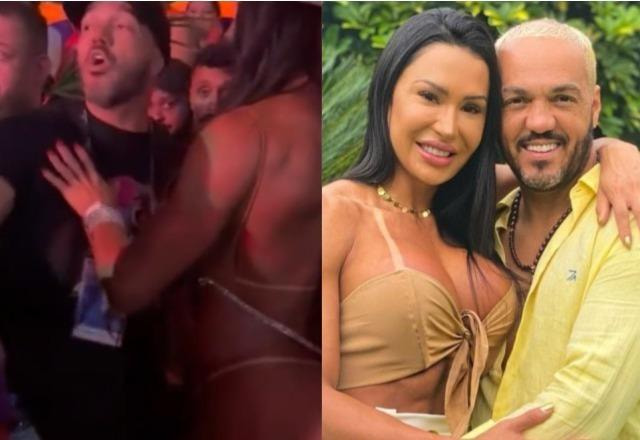 Belo e Gracyanne Barbosa durante briga em camarote à direita; Belo e Gracyanne Barbosa posam lado a lado à direita