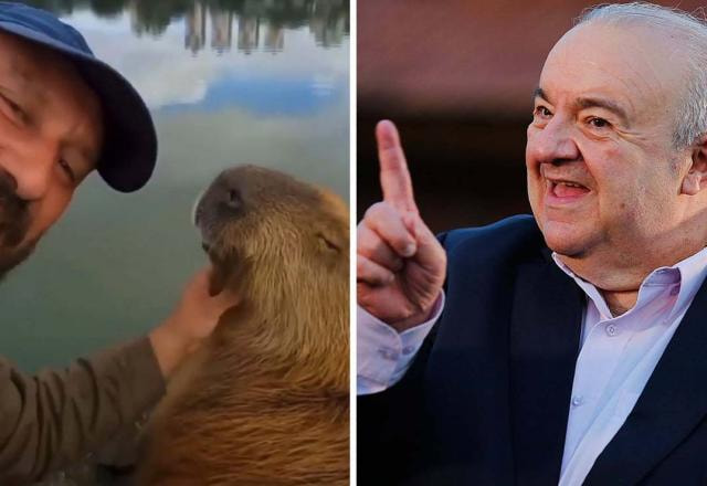 Montagem com o homem mexendo na capivara e o prefeito de Curitiba, Rafael Greca