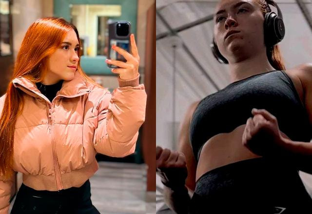 Montagem com duas fotos de Sofia Liberato: uma em frente ao espelho e outra na academia