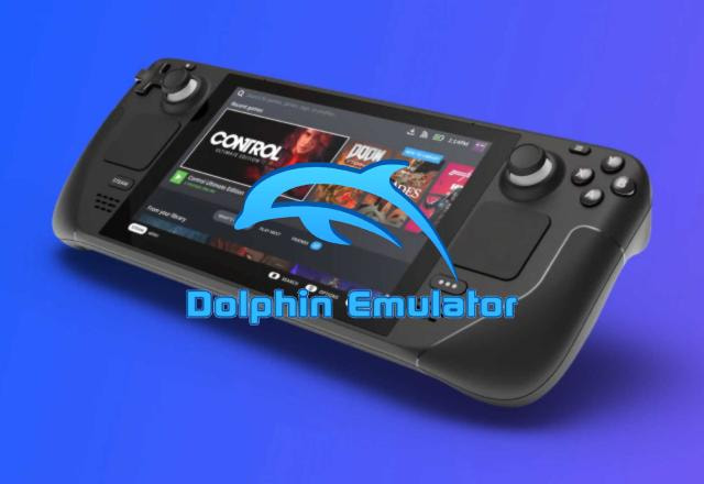 Montagem com o logo do emulador Dolphin sobrepondo um Steam Deck