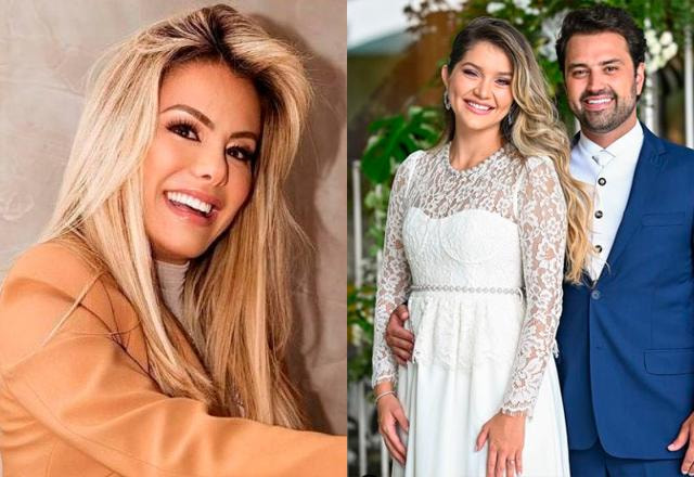 montagem com foto de poliana e foto de lyandra ao lado do noivo