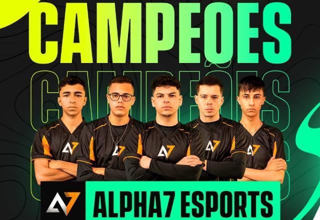 Imagem com jogadores da Alpha7 Esports, campeões da PMPL Brasil