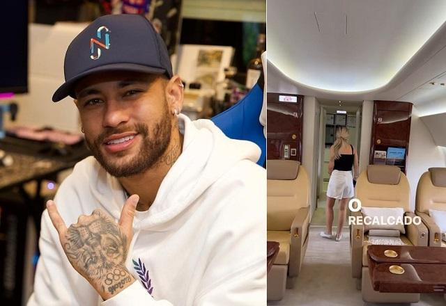 Neymar Jr à esquerda; e foto do jatinho do jogador à direita