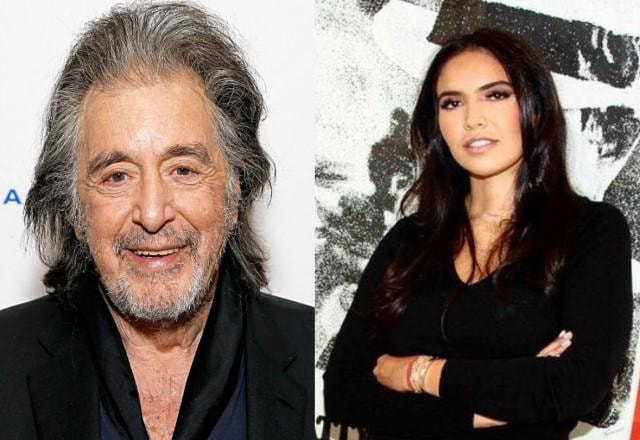 Na montagem, aparece Al Pacino na esquerda e Noor Alfallah na direita, ambos de preto e em um fundo branco