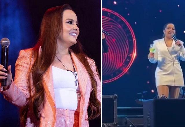 Duas fotos: a primeira é de Maiara com microfone na mão; a segunda é de Maiara no show com um copo de bebida na mão