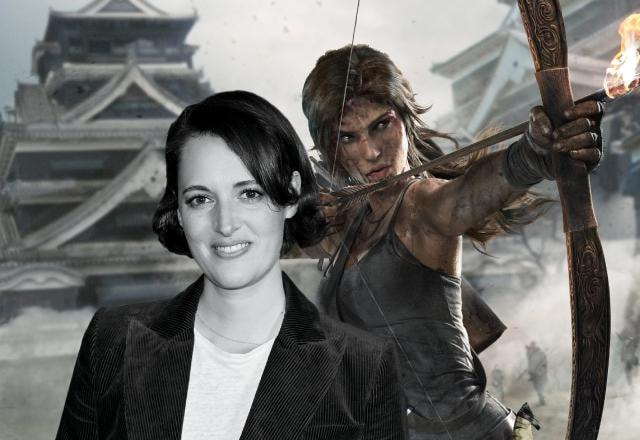 Montagem com foto de Phoebe Waller-Bridge sobrepondo a Lara Croft de Tomb Raider (2013)