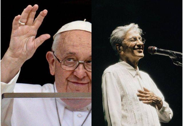 Montagem com os rostos do Caetano Veloso e do Papa Francisco lado a lado