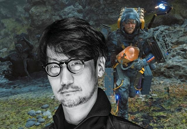 Imagem promocional de Death Stranding com uma foto de Hideo Kojima por cima