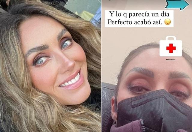 Anahí sorrindo em selfie à esquerda; Anahí mostra foto em hospital à direita