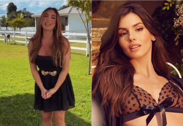 Nicole Bahls com bezerra à esquerda; Camila Queiroz posada com lingerie à direita