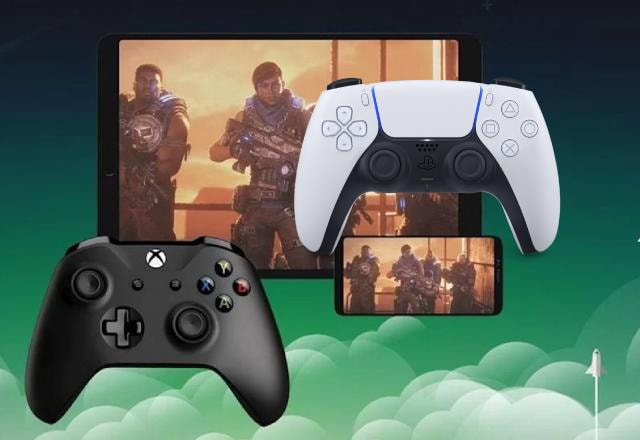 Montagem com elementos de Xbox, PlayStation 5 e transmissão de jogos