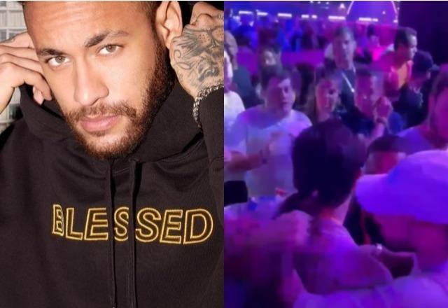 Neymar faz pose à esquerda; Neymar durante briga em show à direita