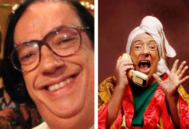 Marcos Oliveira sorrindo à esquerda; Marcos Oliveira durante peça de teatro à direita