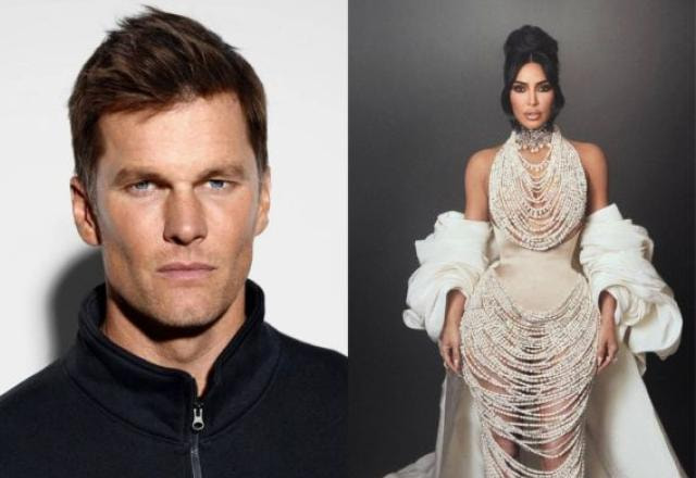 Montagem com os rostos de Tom Brady e Kim Kardashian lado a lado