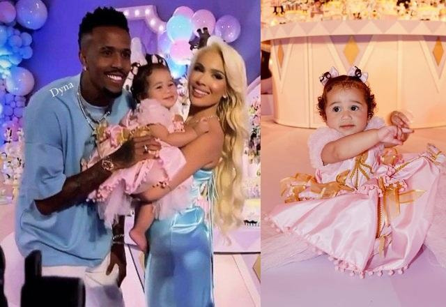 Karoline Lima e Eder Militão posam com a filha, Cecília, na festa de um ano da pequena